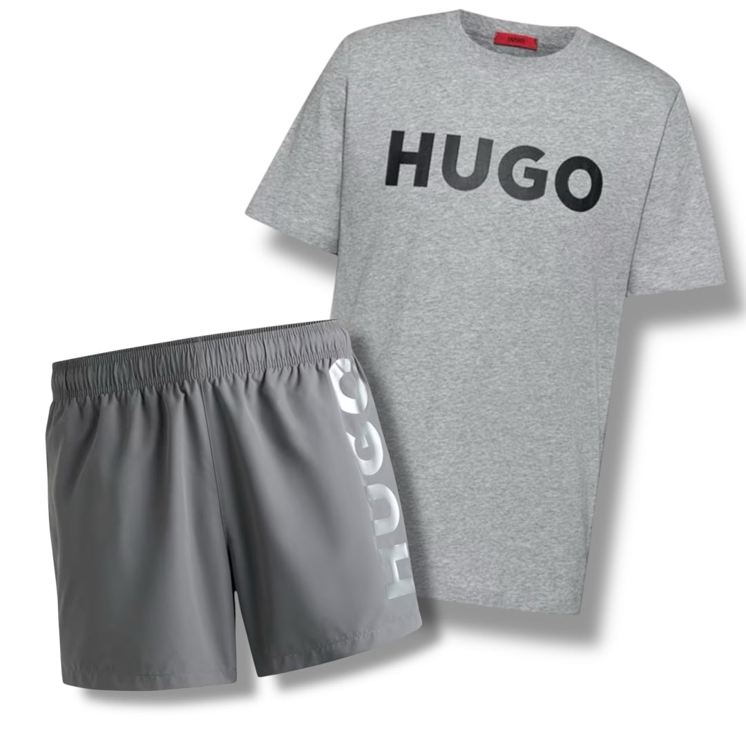 HUGO BIG LOGOT-SHIRT & VERTI SWIM SHORTS COMBO GREY