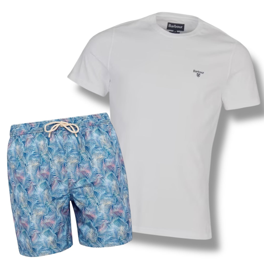 BARBOUR SMALL LOGO T-SHIRT & SWIM SHORTS COMBO WHITE - MULTI BLUE