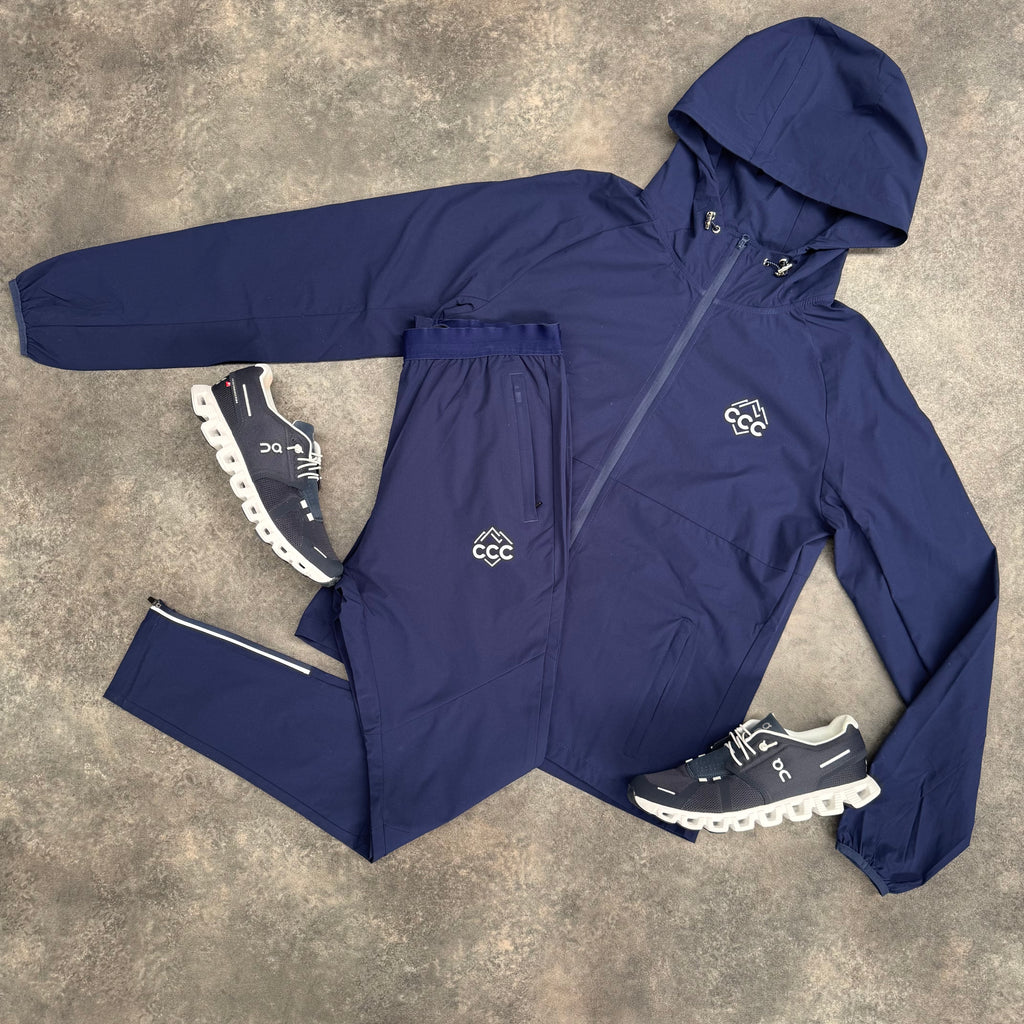 CCC ACTIVEWEAR HOODED FULL TECH TRACKSUIT MOUNTAIN LOGO NAVY BLUE