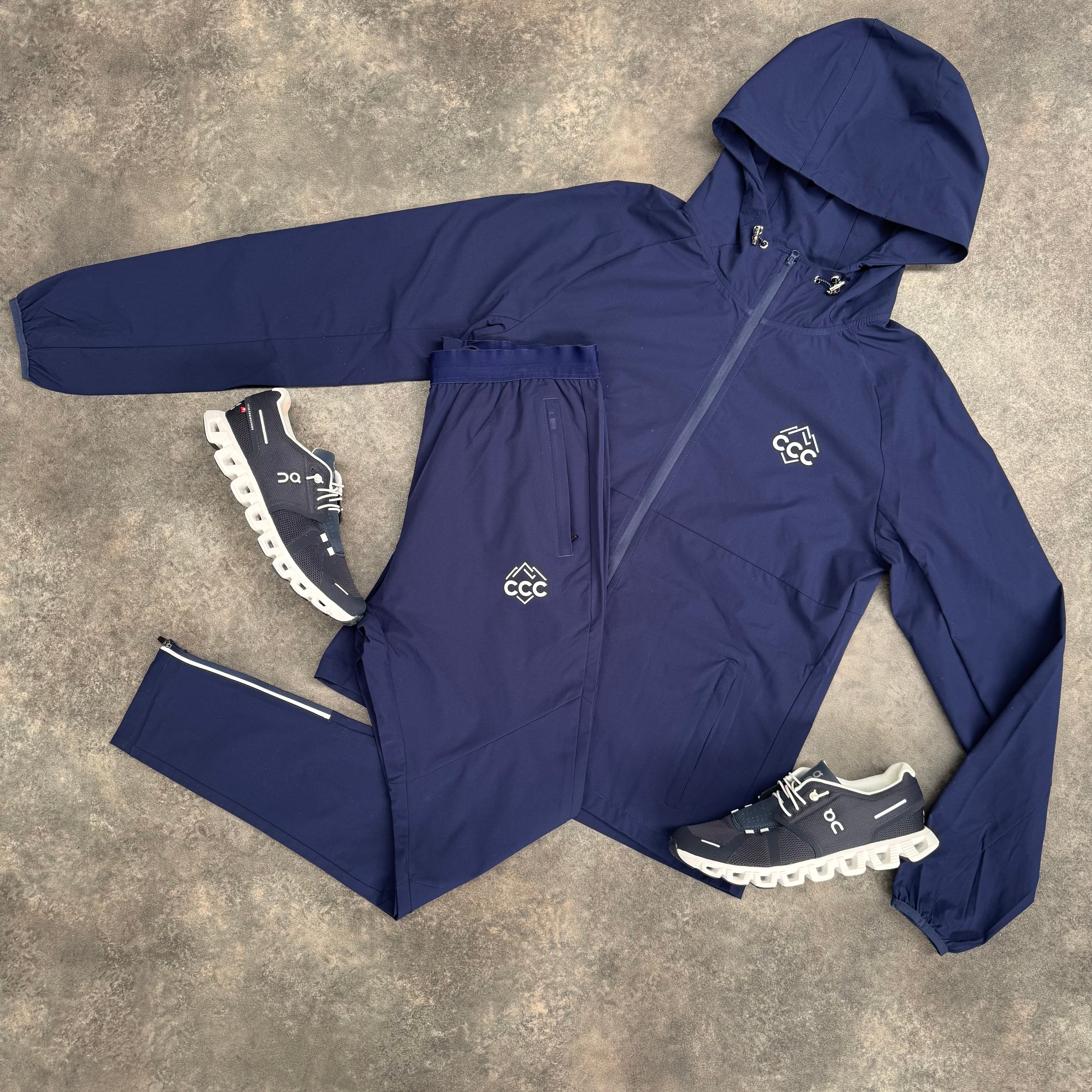 CCC ACTIVEWEAR HOODED FULL TECH TRACKSUIT MOUNTAIN LOGO NAVY BLUE