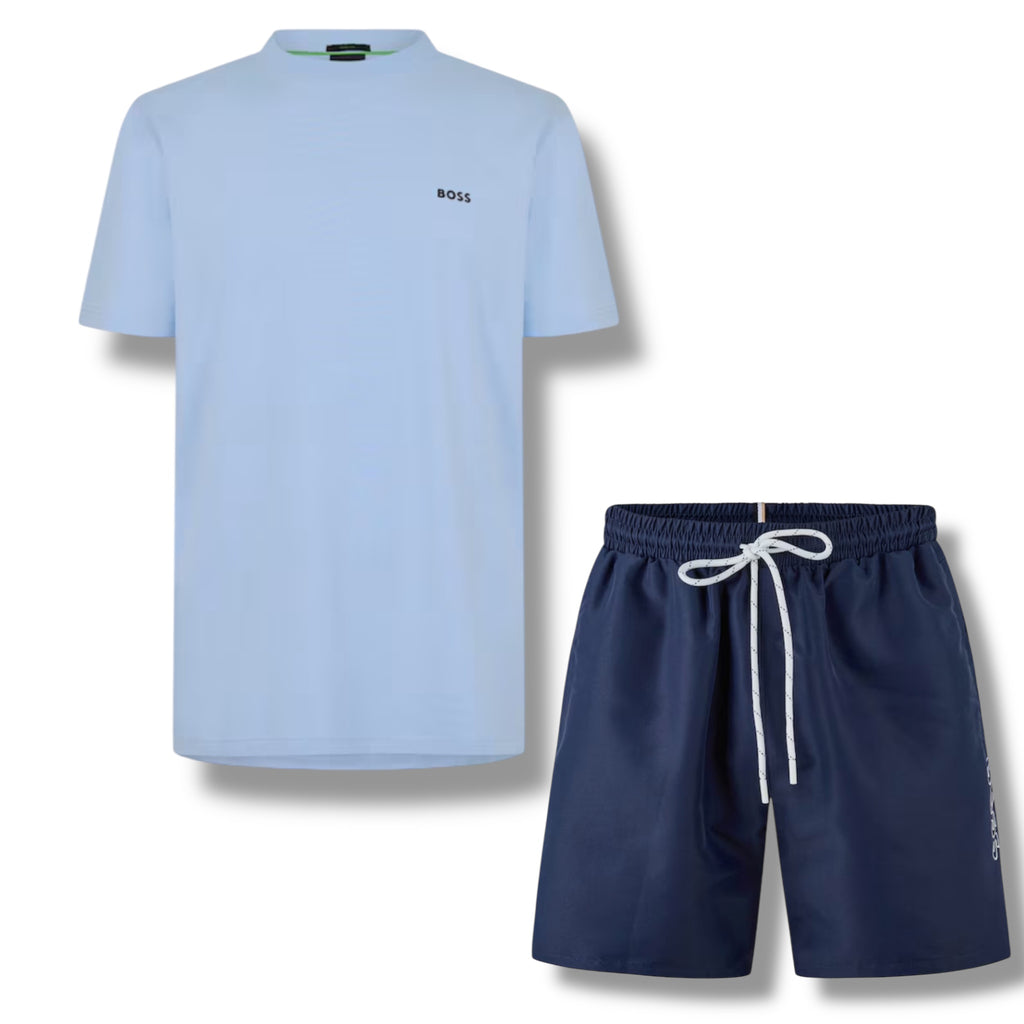 HUGO BOSS SMALL LOGO T-SHIRT & VERTI SWIM SHORTS SET LIGHT & NAVY BLUE