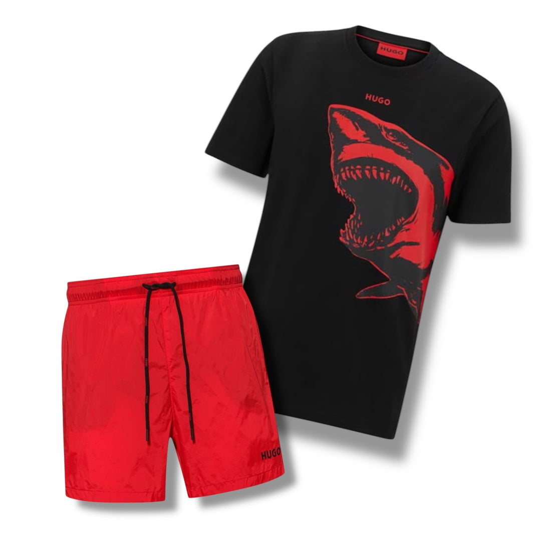 HUGO SHARK T-SHIRT & SWIM SHORTS COMBO BLACK / RED