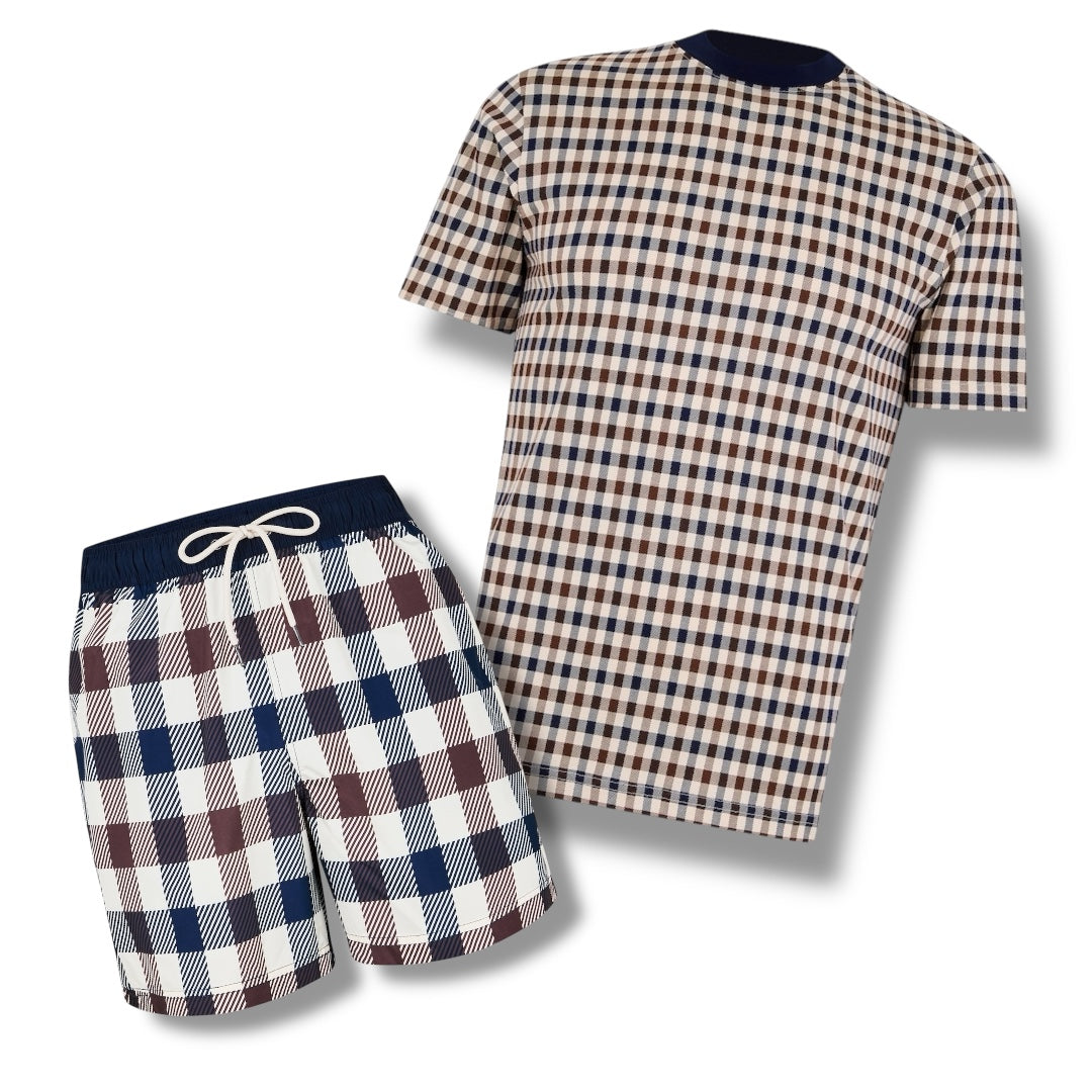 AQUASCUTUM SMALL CHECK T-SHIRT & SWIM SHORTS SET BIG CHECK BROWN