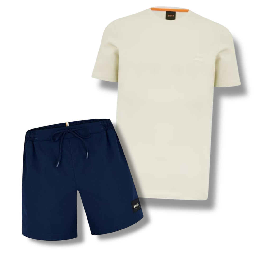 HUGO BOSS PATCH LOGO T-SHIRT & SWIM SHORTS COMBO BEIGE / NAVY BLUE