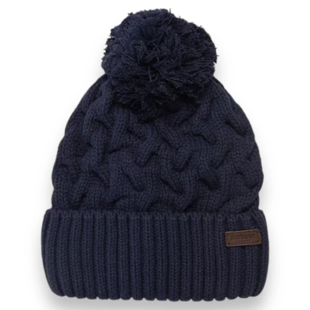 BARBOUR SKI PATTERN BOBBLE BEANIE HAT NAVY BLUE
