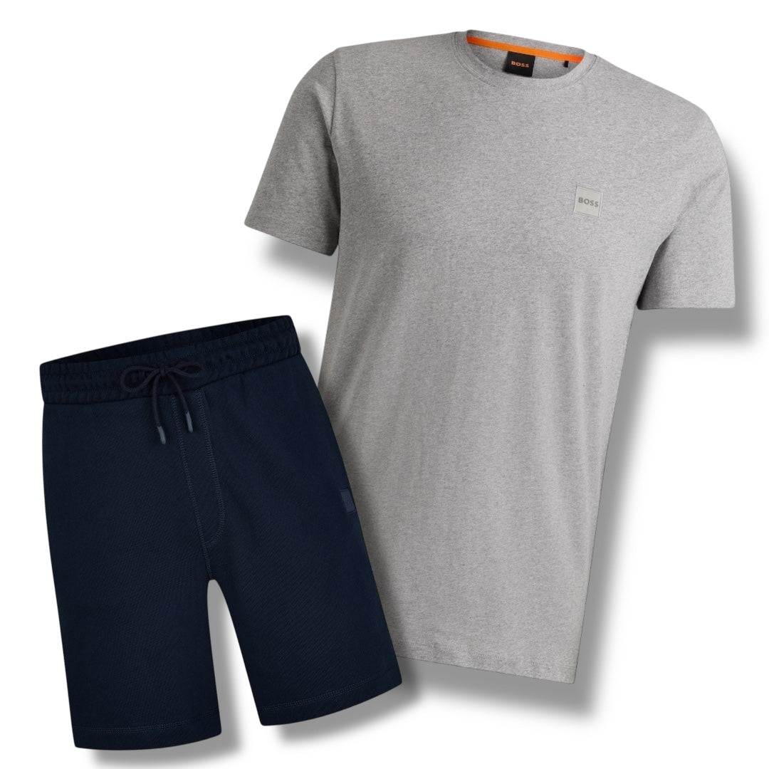 HUGO BOSS PATCH T-SHIRT & JERSEY SHORTS SET LIGHT GREY & NAVY BLUE