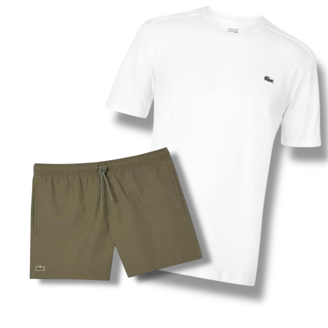LACOSTE CROC LOGO T-SHIRT & SWIM SHORTS COMBO WHITE / KHAKI GREEN
