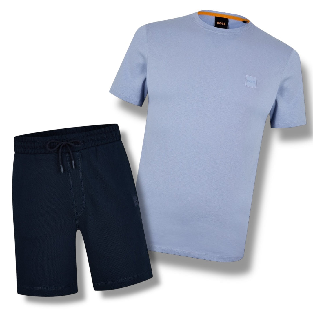 HUGO BOSS PATCH T-SHIRT & JERSEY SHORTS SET LIGHT BLUE & NAVY