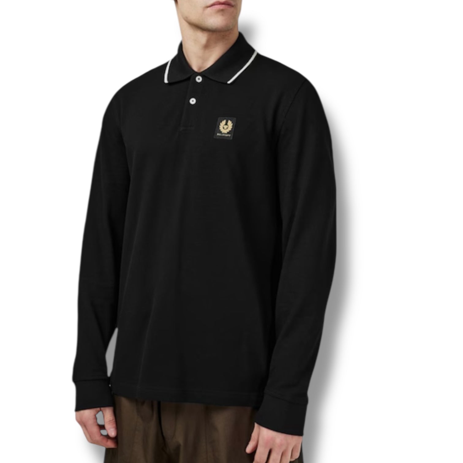 BELSTAFF LONG SLEEVED TIPPED COLLAR POLO SHIRT BLACK