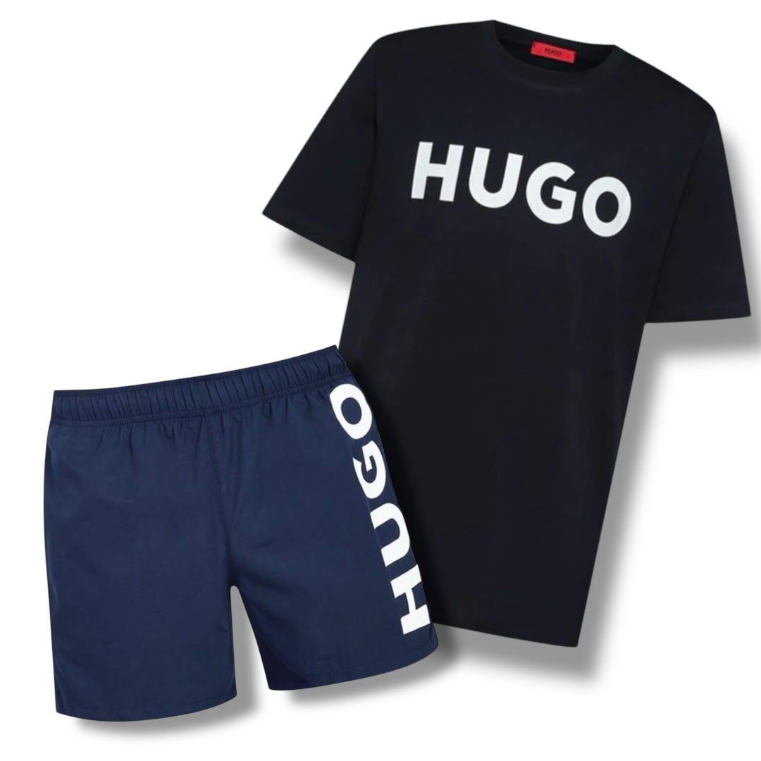 HUGO BIG LOGO T-SHIRT & VERTI SWIM SHORTS COMBO ROYAL NAVY BLUE