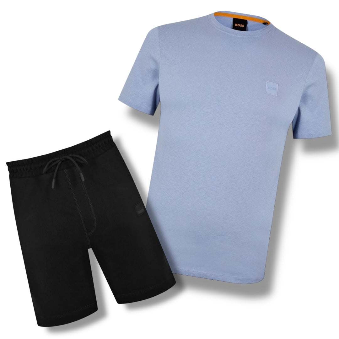 HUGO BOSS PATCH T-SHIRT & JERSEY SHORTS SET LIGHT BLUE & BLACK