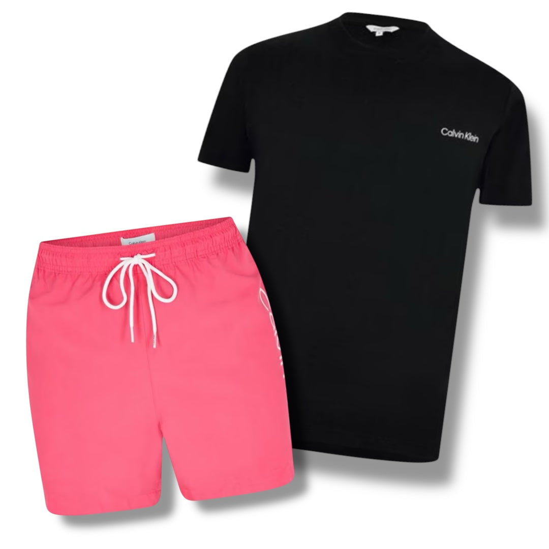 CALVIN KLEIN T-SHIRT & SWIM SHORTS COMBO BLACK / PINK