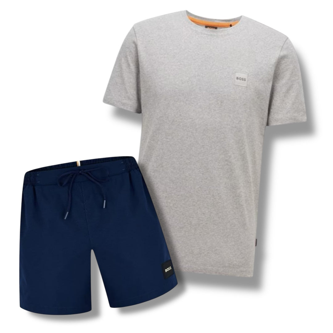 HUGO BOSS PATCH LOGO T-SHIRT & SWIM SHORTS COMBO GREY / NAVY