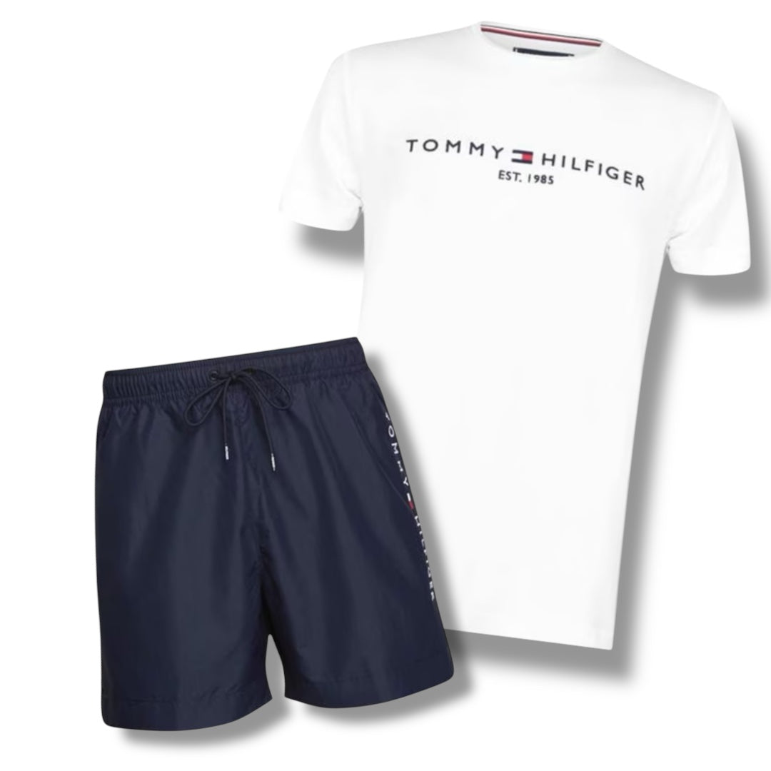TOMMY HILFIGER EMBROIDERED LOGO T-SHIRT & SWIM SHORTS COMBO WHITE / NAVY