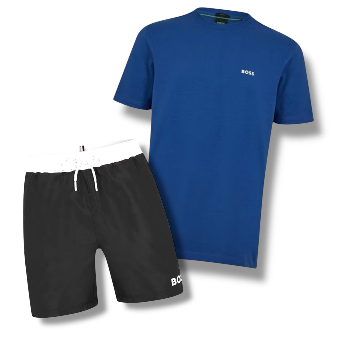 HUGO BOSS SMALL LOGO T-SHIRT & SWIM SHORTS COMBO ROYAL / BLACK