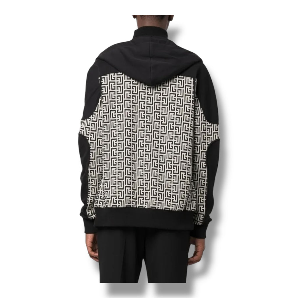 BALMAIN ALL OVER LOGO ZIP UP HOODIE BLACK / WHITE