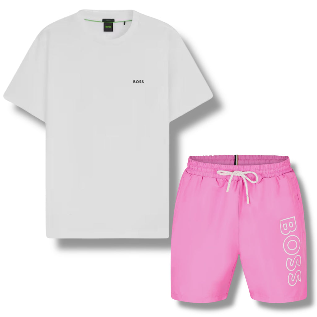 HUGO BOSS SMALL LOGO T-SHIRT & VERTI SWIM SHORTS SET WHITE & PINK