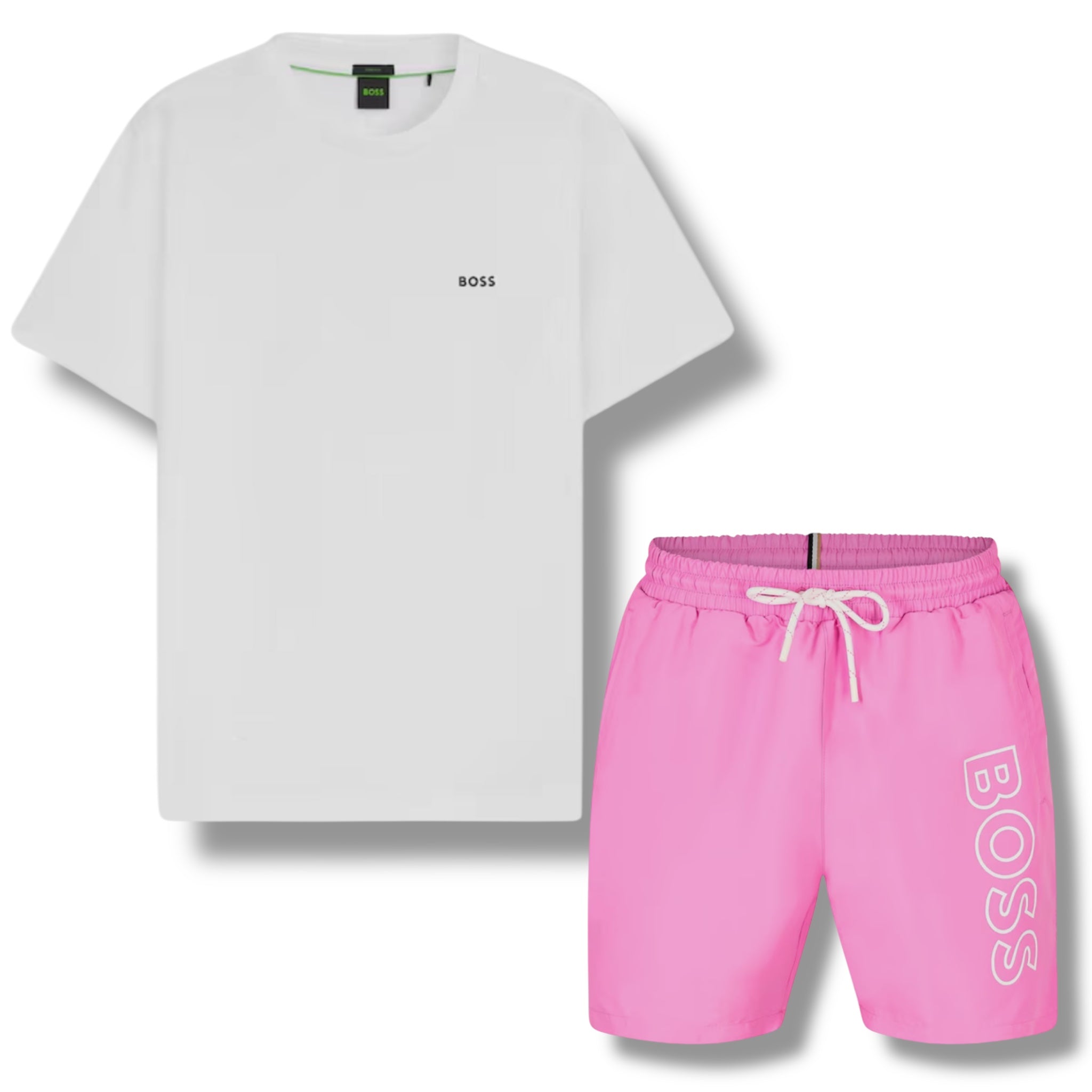 HUGO BOSS SMALL LOGO T-SHIRT & VERTI SWIM SHORTS SET WHITE & PINK