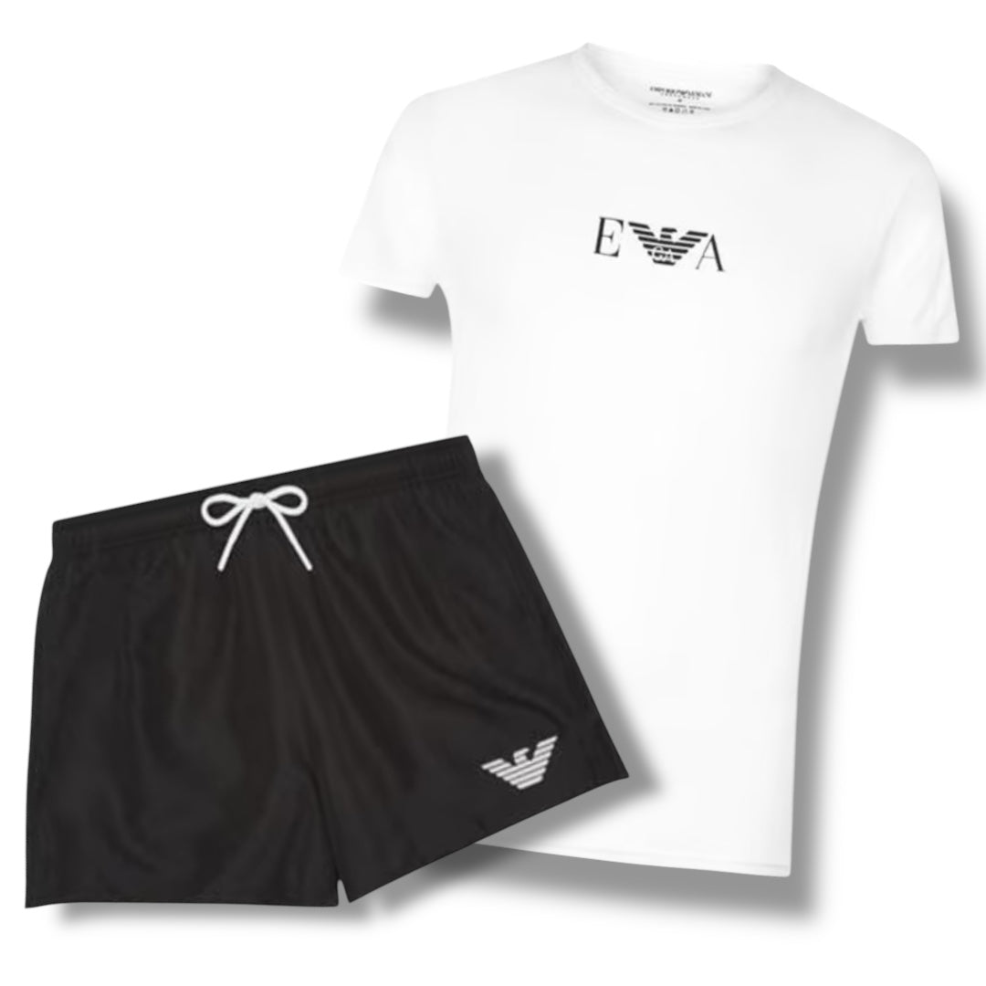 ARMANI EA T-SHIRT & EAGLE SWIM SHORTS COMBO WHITE / BLACK