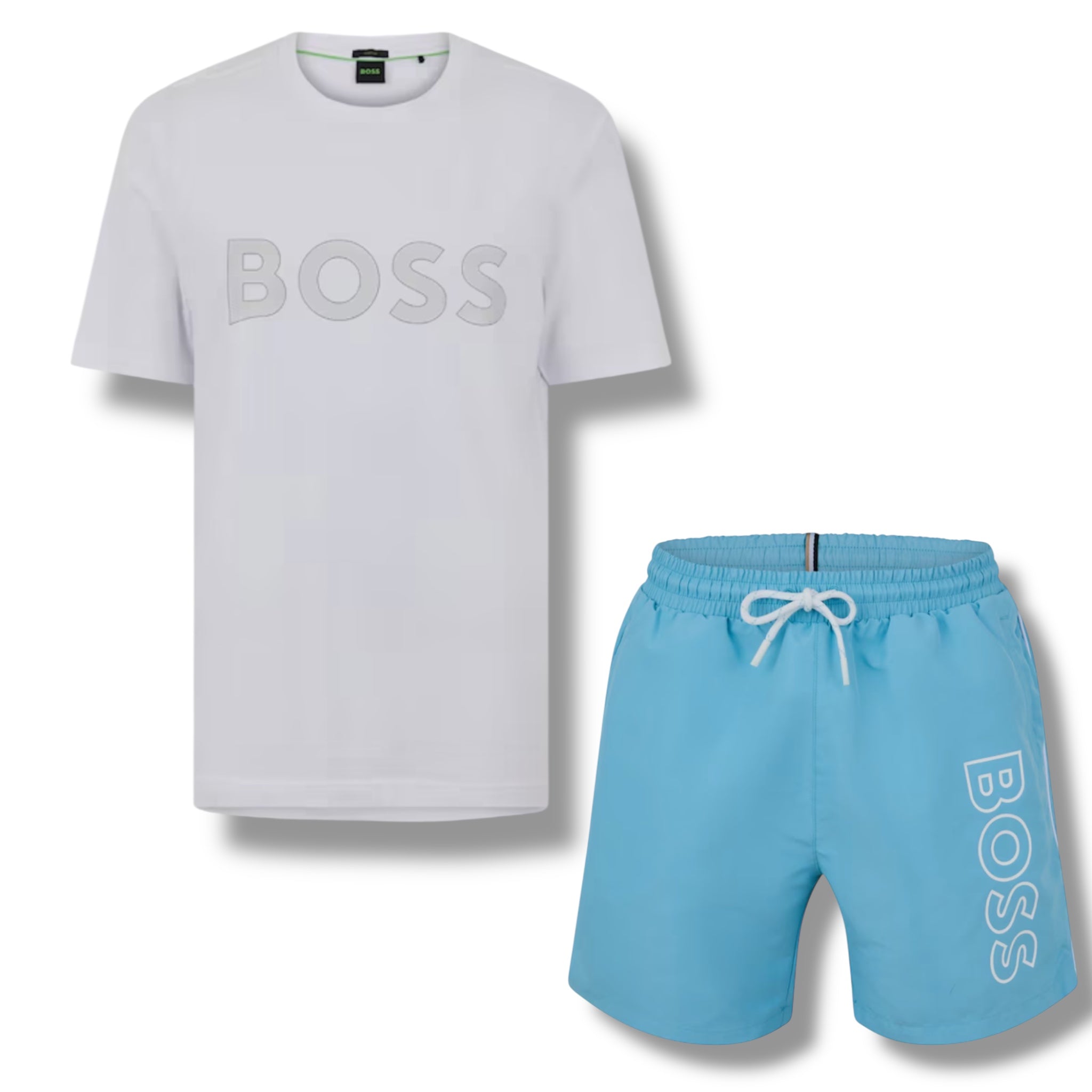 HUGO BOSS CLASSIC LOGO T-SHIRT & SWIM SHORTS SET WHITE & AQUA BLUE