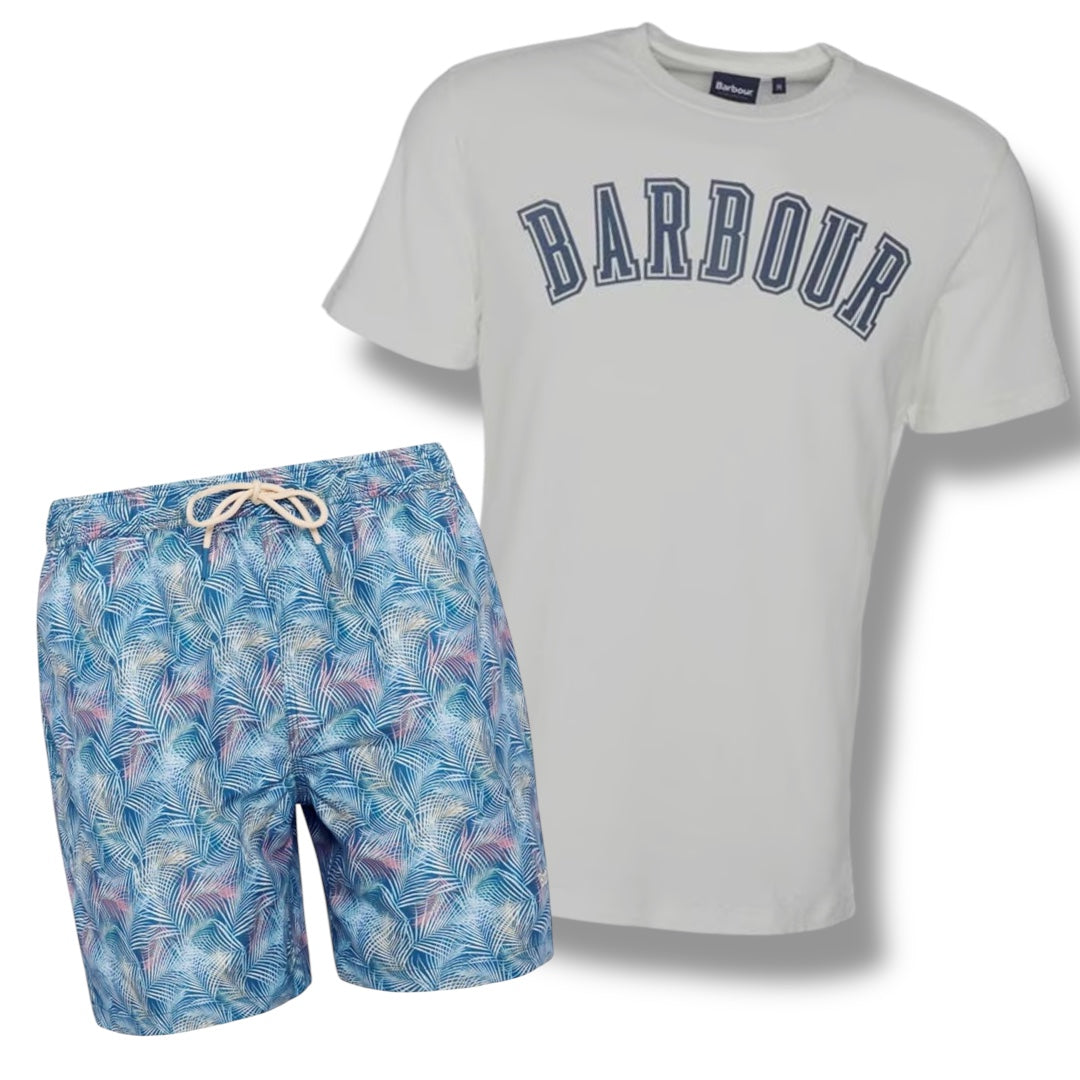 BARBOUR BIG LOGO T-SHIRT & SWIM SHORTS COMBO WHITE - MULTI BLUE