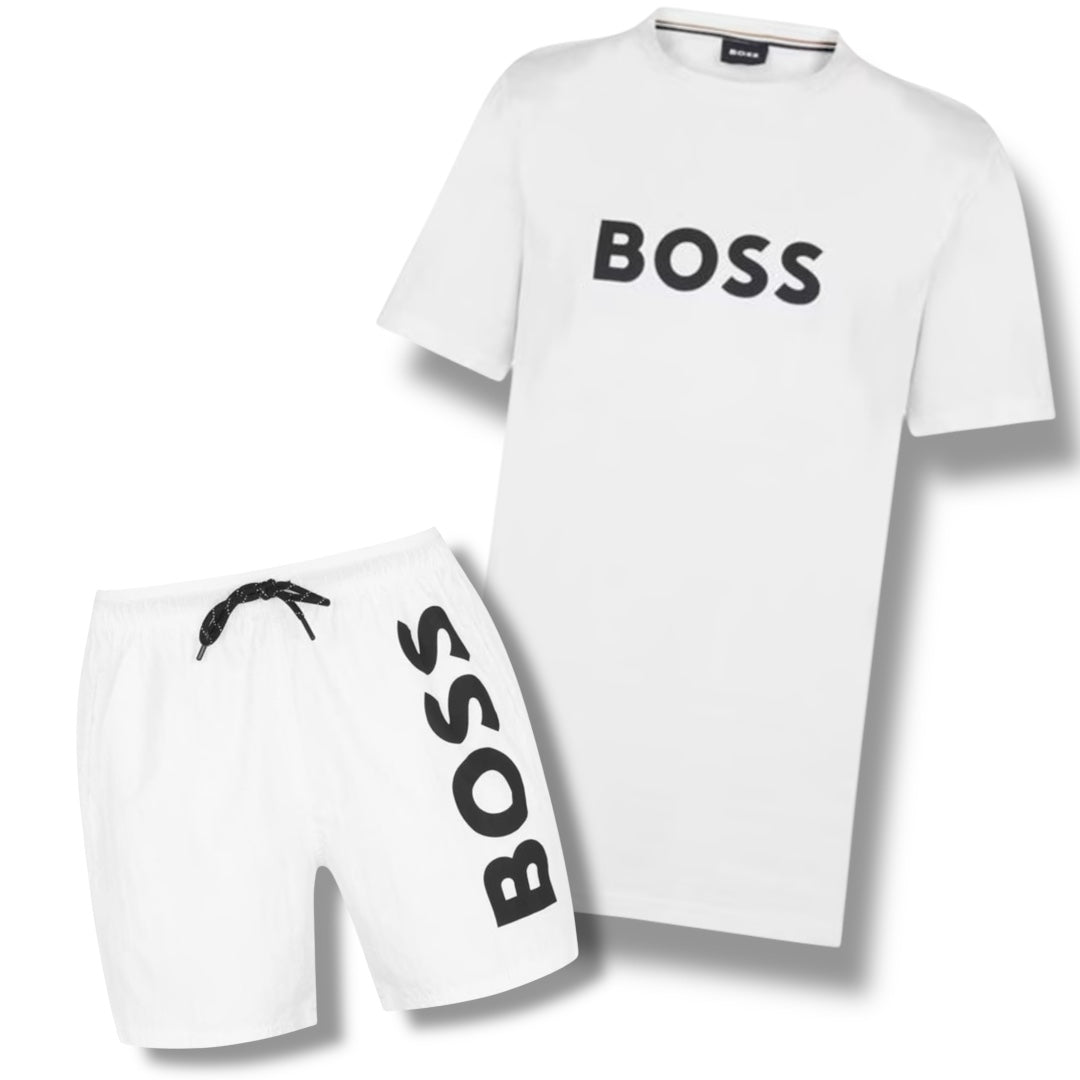 HUGO BOSS BIG LOGO T-SHIRT & VERTI SWIM SHORTS COMBO WHITE