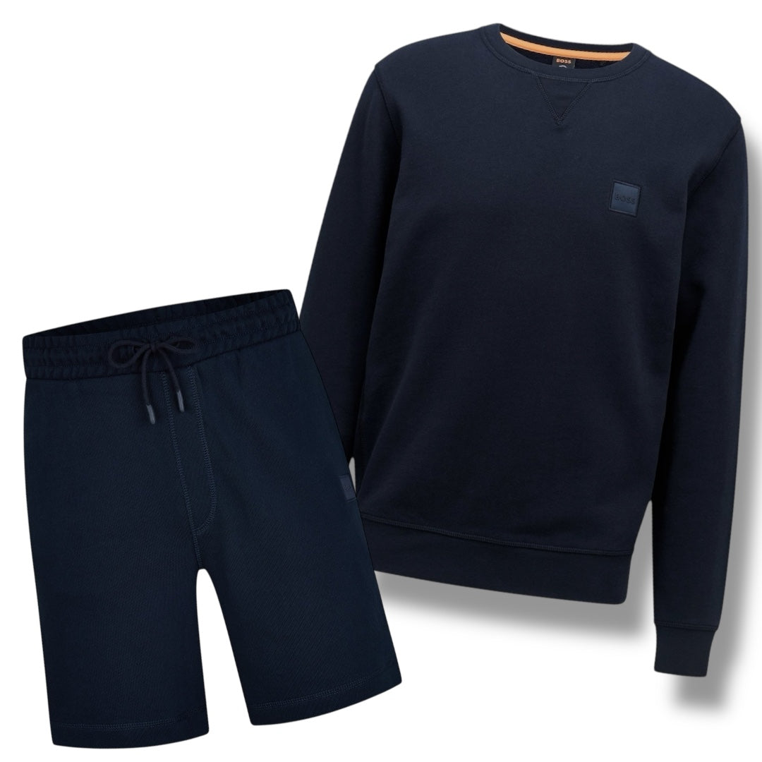 HUGO BOSS PATCH SWEATSHIRT & JERSEY SHORTS NAVY BLUE