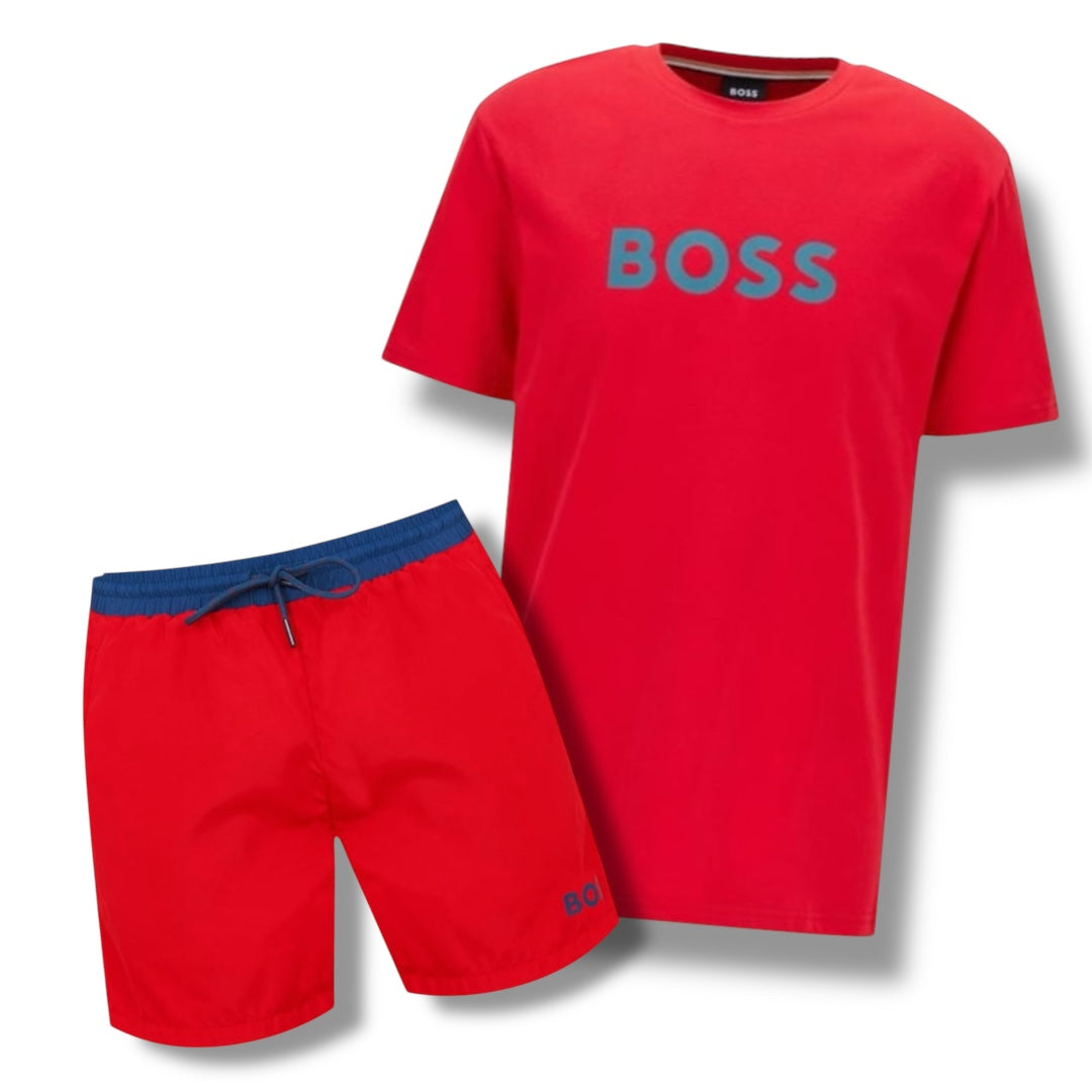 HUGO BOSS BIG LOGO T-SHIRT & SWIM SHORTS COMBO RED