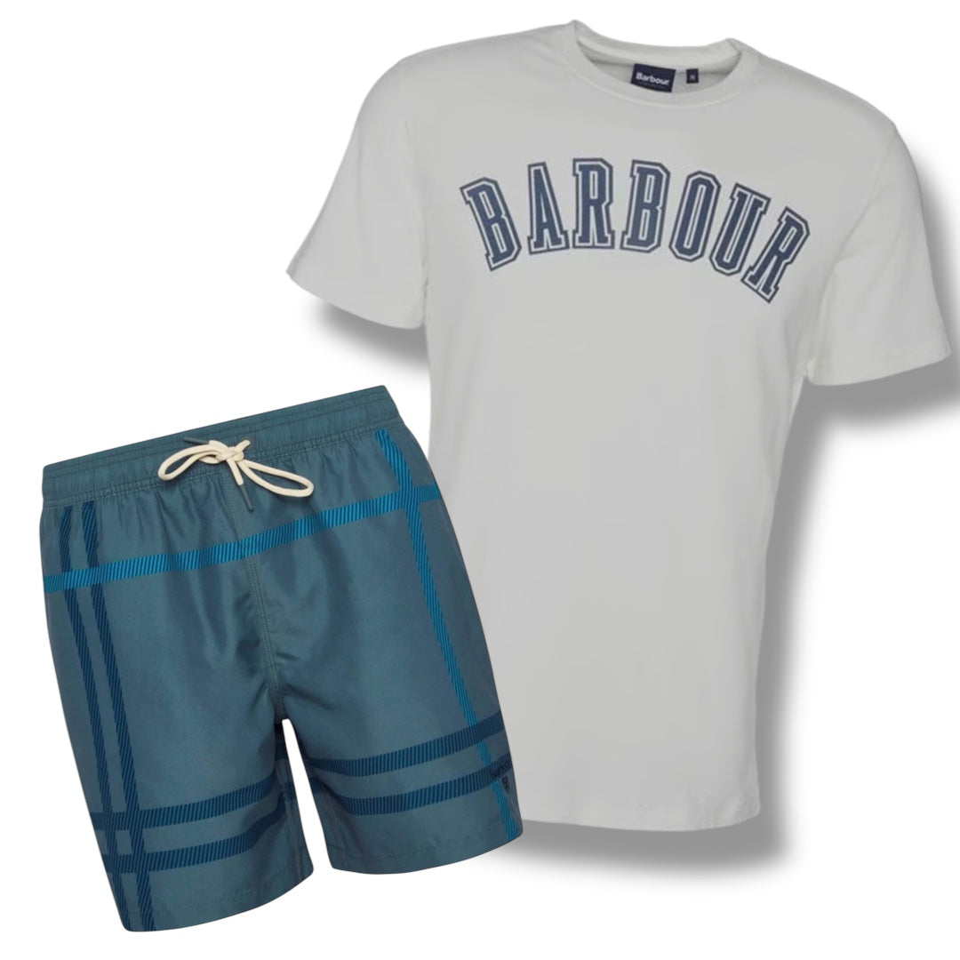 BARBOUR BIG LOGO T-SHIRT & SWIM SHORTS COMBO WHITE - TEAL CHECK