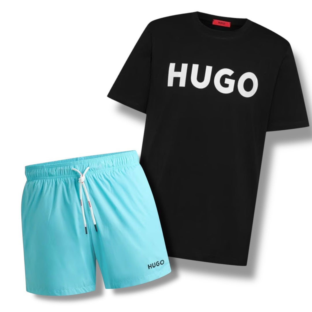 HUGO BIG LOGOT-SHIRT & SWIM SHORTS COMBO BLACK / TURQUOISE