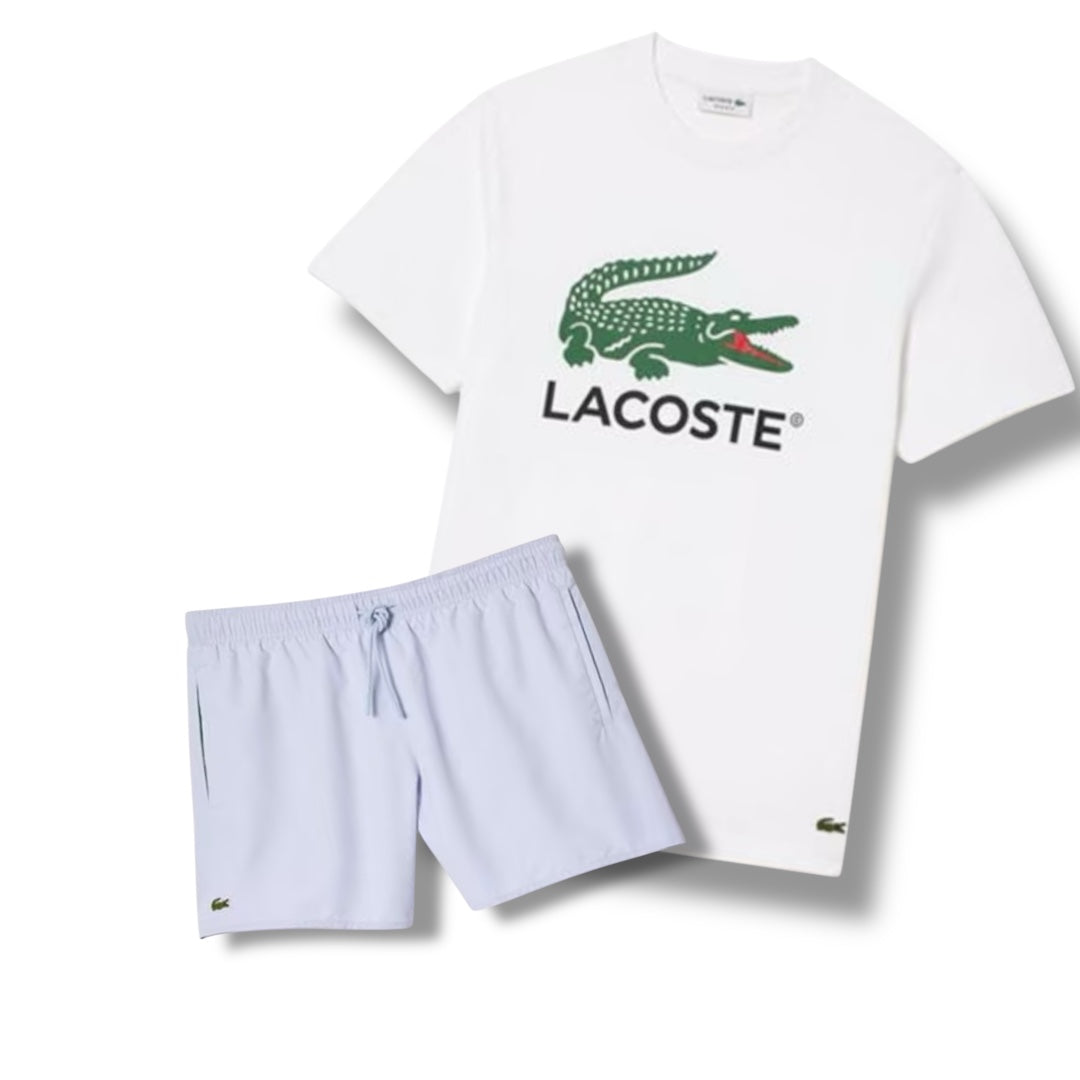 LACOSTE BIG CROC LOGO T-SHIRT & SWIM SHORTS COMBO WHITE / LIGHT BLUE