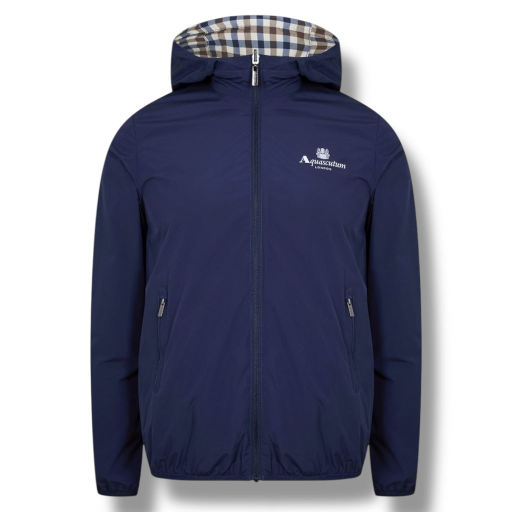 AQUASCUTUM HOODED JACKET REVERSIBLE CHECK ALL OVER NAVY BLUE
