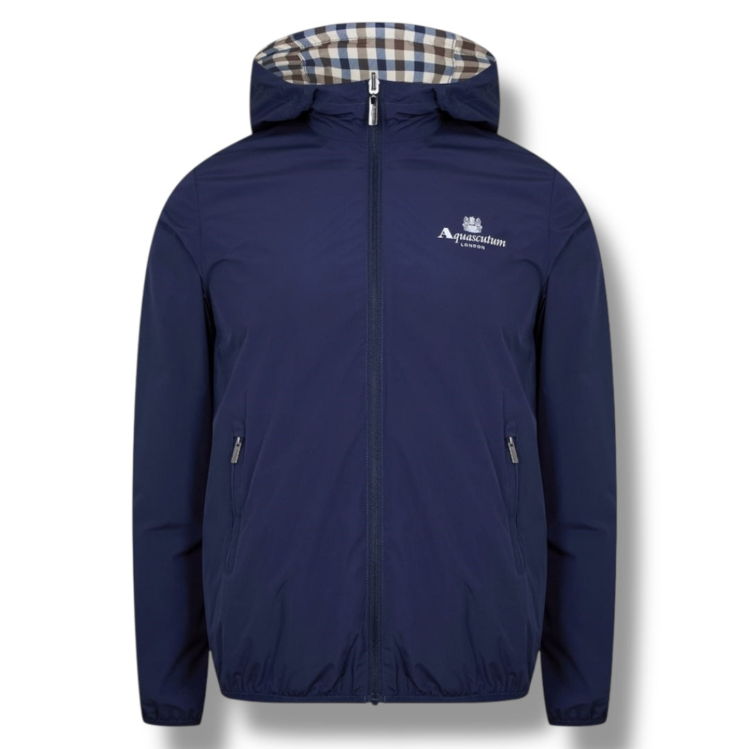 AQUASCUTUM HOODED JACKET REVERSIBLE CHECK ALL OVER NAVY BLUE