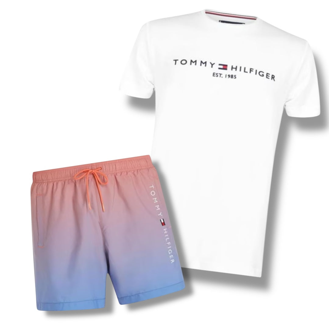 TOMMY HILFIGER EMBROIDERED LOGO T-SHIRT & SWIM SHORTS COMBO WHITE / ORANGE