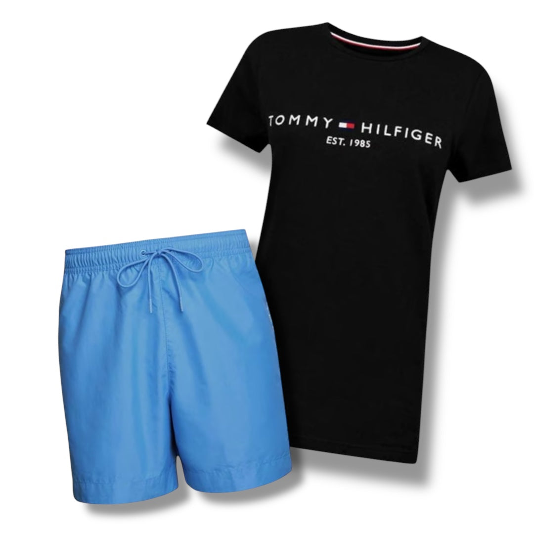 TOMMY HILFIGER EMBROIDERED LOGO T-SHIRT & SWIM SHORTS COMBO BLACK / BLUE