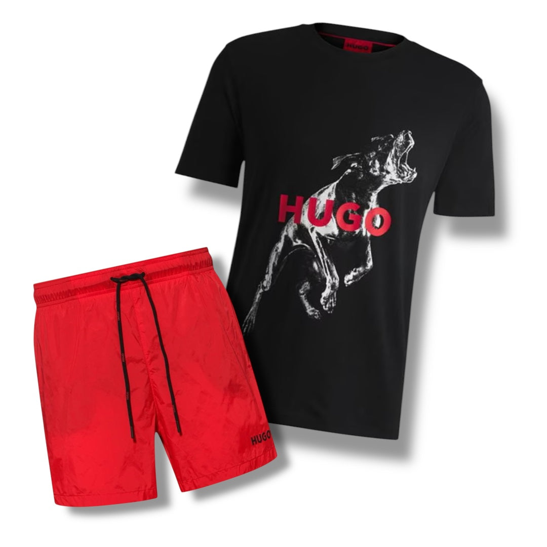 HUGO ROBO DOG T-SHIRT & SWIM SHORTS COMBO BLACK / RED