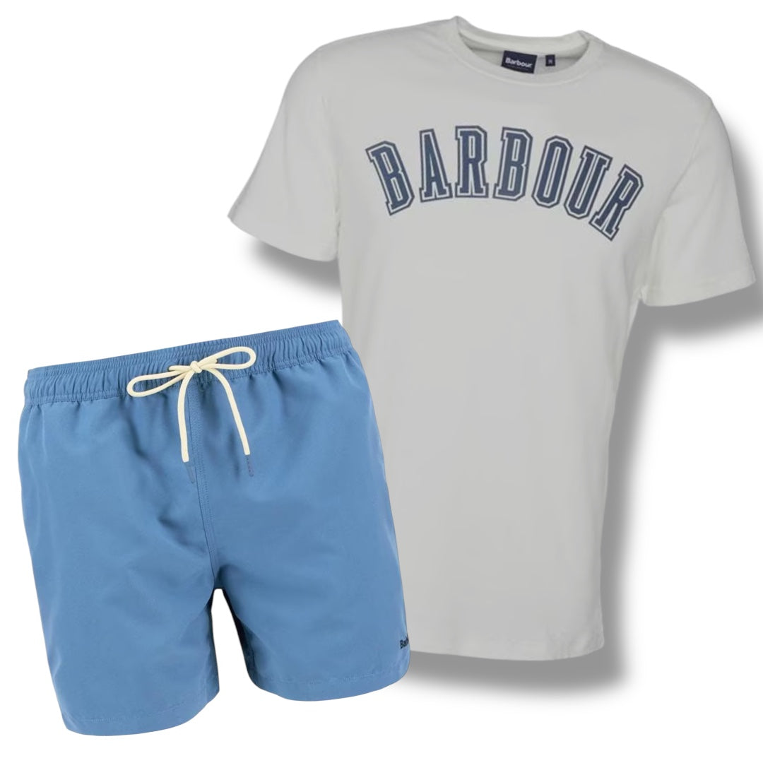 BARBOUR BIG LOGO T-SHIRT & SWIM SHORTS COMBO WHITE - LIGHT BLUE