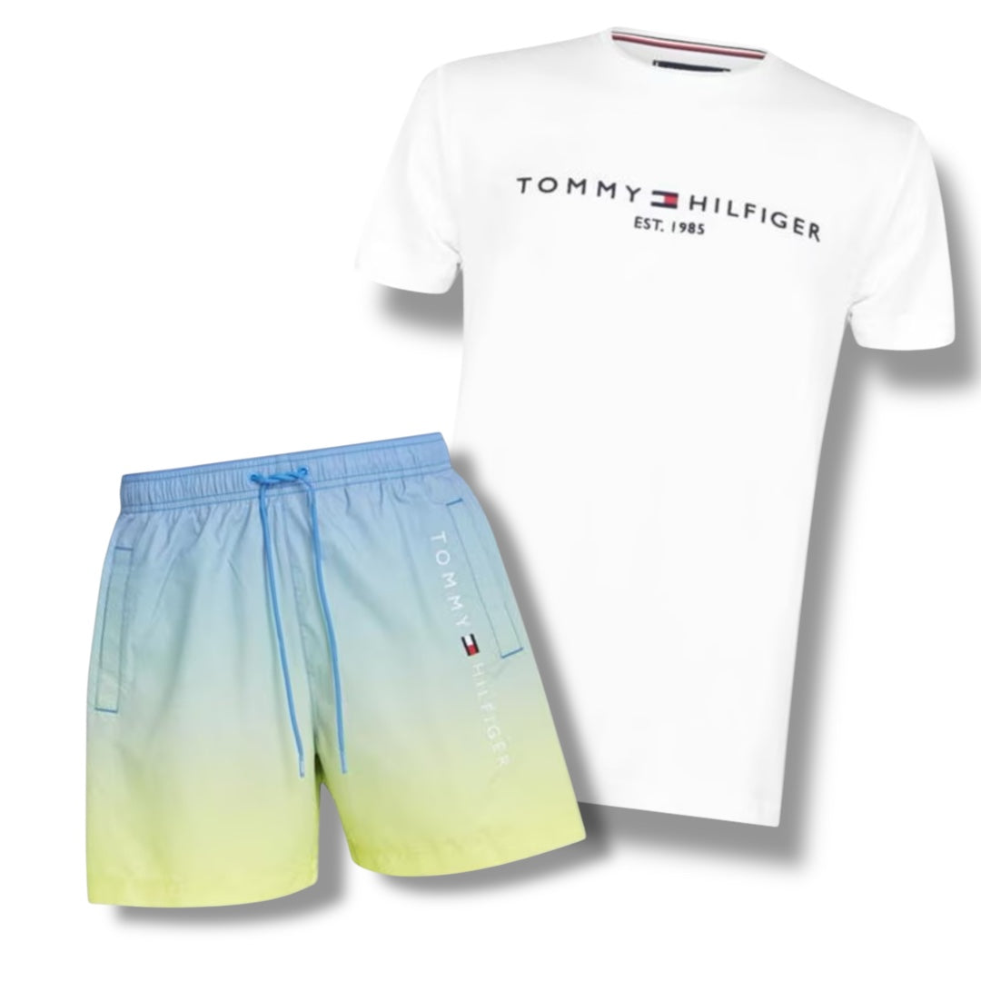 TOMMY HILFIGER EMBROIDERED LOGO T-SHIRT & SWIM SHORTS COMBO WHITE / LEMON