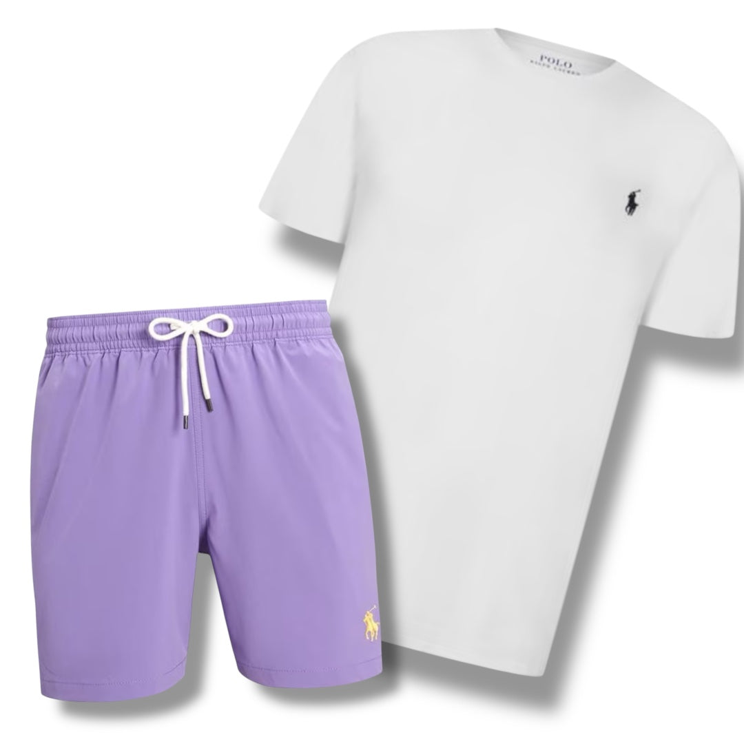 RALPH LAUREN T-SHIRT & SWIM SHORTS COMBO WHITE / PURPLE