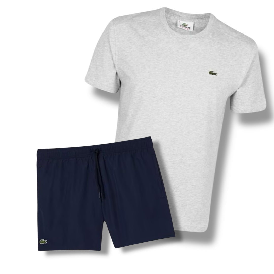 LACOSTE CROC LOGO T-SHIRT & SWIM SHORTS COMBO GREY / NAVY BLUE