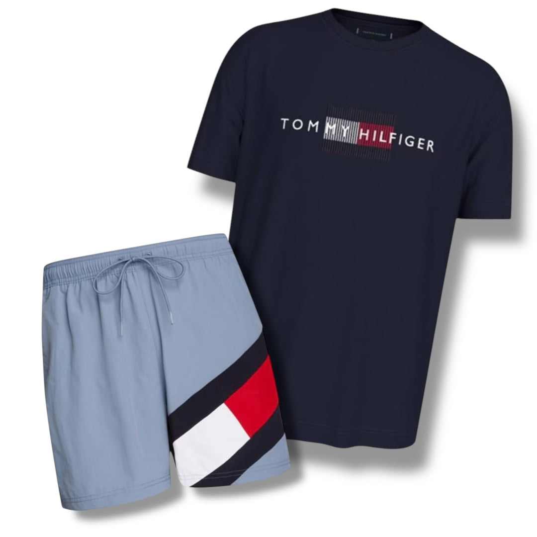 TOMMY HILFIGER FLAG LOGO T-SHIRT & SWIM SHORTS COMBO NAVY / LIGHT BLUE