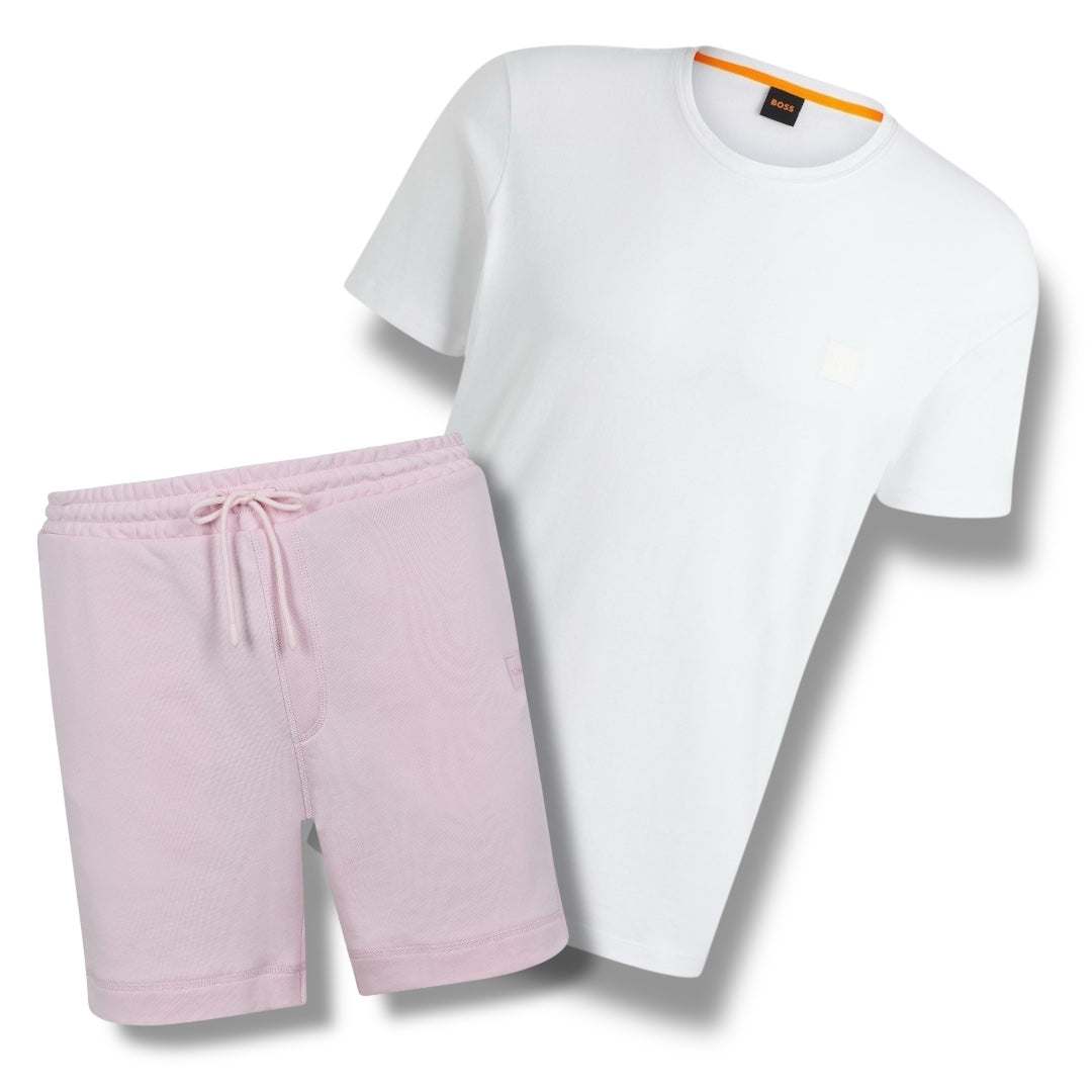 HUGO BOSS PATCH T-SHIRT & JERSEY SHORTS SET WHITE & PINK