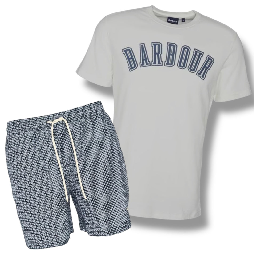 BARBOUR BIG LOGO T-SHIRT & SWIM SHORTS COMBO WHITE - NAVY SHELL