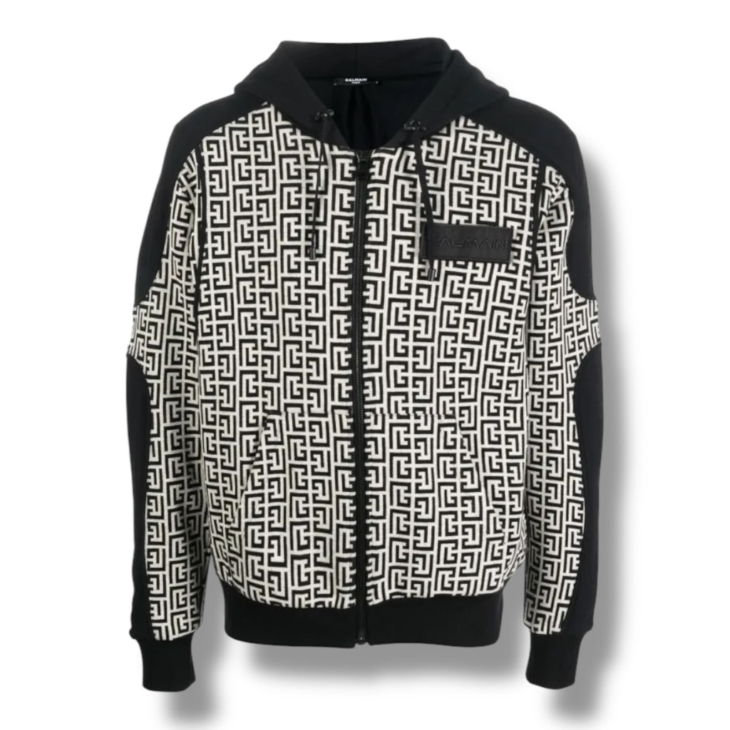 BALMAIN ALL OVER LOGO ZIP UP HOODIE BLACK / WHITE