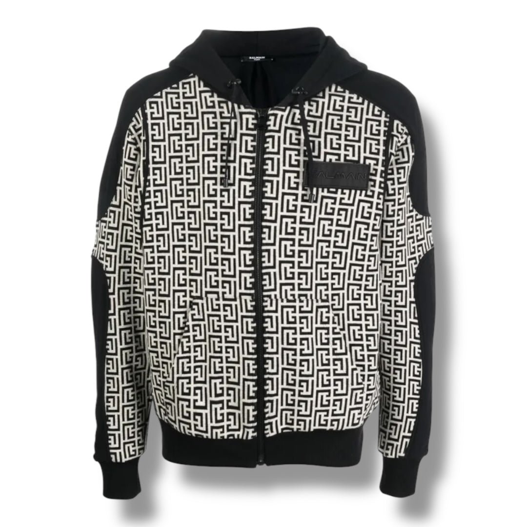 BALMAIN ALL OVER LOGO ZIP UP HOODIE BLACK / WHITE