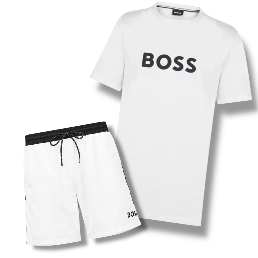 HUGO BOSS BIG LOGO T-SHIRT & SWIM SHORTS COMBO WHITE