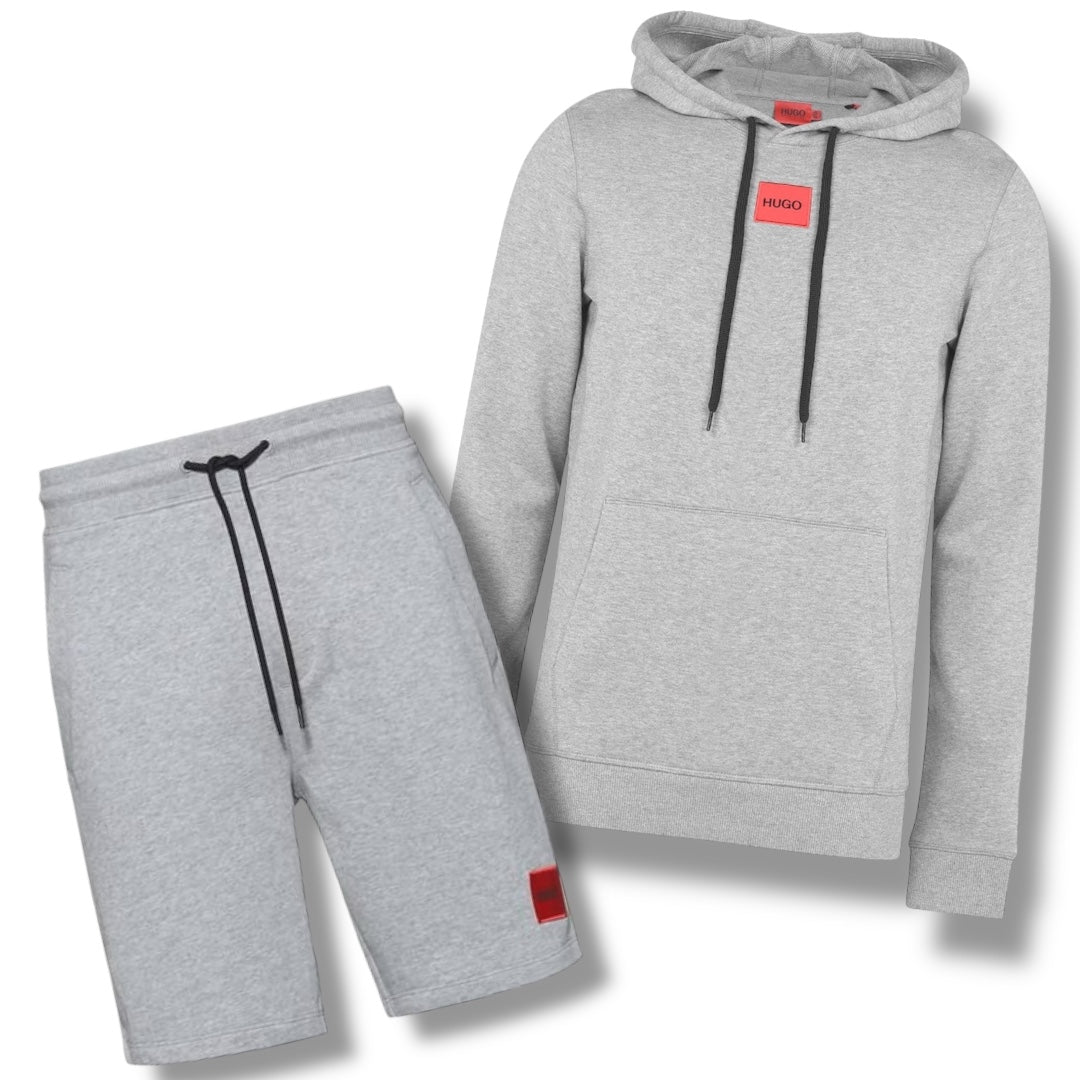 HUGO BOSS HUGO RED PATCH HOODIE & JERSEY SHORTS SET LIGHT GREY