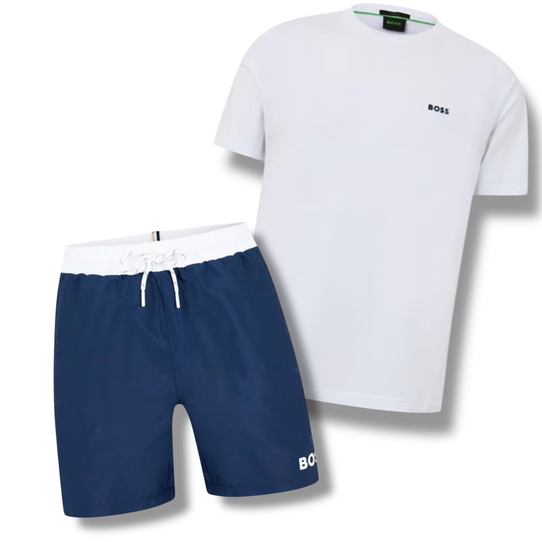 HUGO BOSS SMALL LOGO T-SHIRT & SWIM SHORTS COMBO WHITE / NAVY BLUE