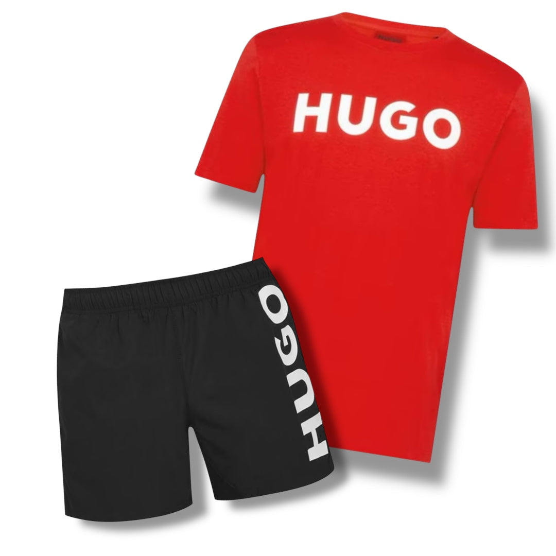 HUGO BIG LOGO T-SHIRT & VERTI SWIM SHORTS COMBO RED / BLACK