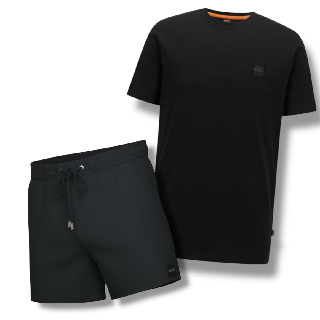 HUGO BOSS PATCH LOGO T-SHIRT & SWIM SHORTS COMBO BLACK